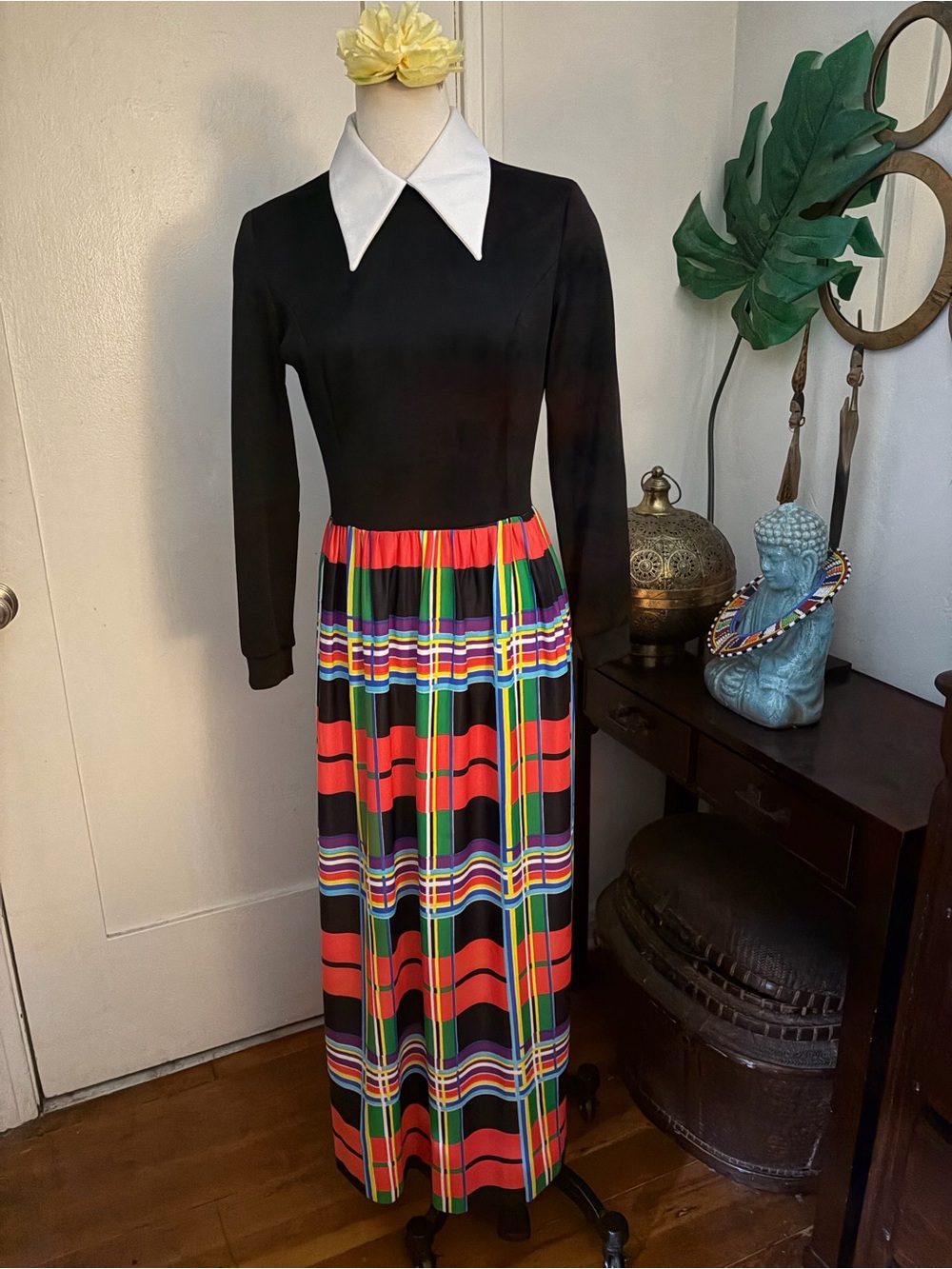VTG 70s Joyce Rainbow Plaid Collared Maxi Dress Mod Empire Waist M